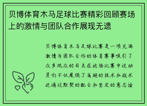 贝博体育木马足球比赛精彩回顾赛场上的激情与团队合作展现无遗