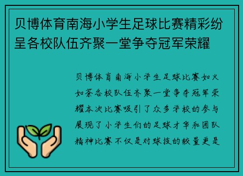 贝博体育南海小学生足球比赛精彩纷呈各校队伍齐聚一堂争夺冠军荣耀